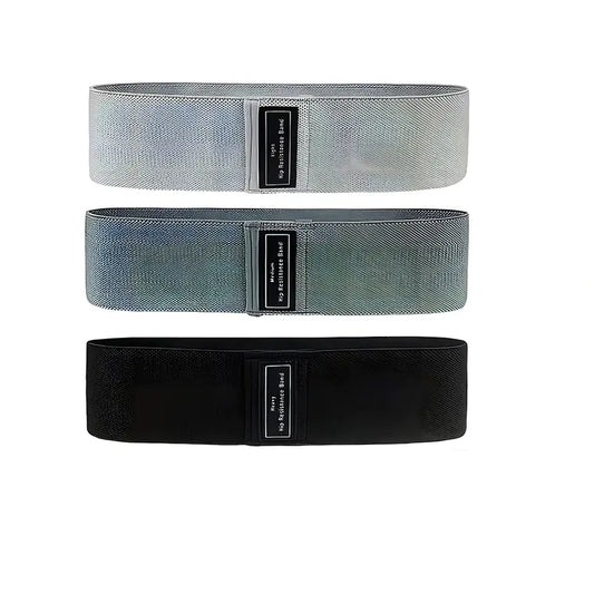 Three resistance bands in gray, black, and gray with a brand label on a white background.